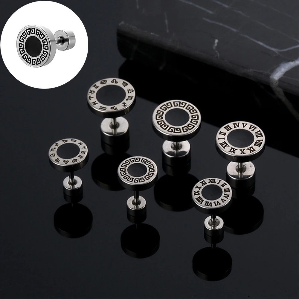 

1Pair Roman Numerals Stud Earrings For Women Men Fashion Stainless Steel Round Ear Studs Piercing Screw Earring Jewelry Gift