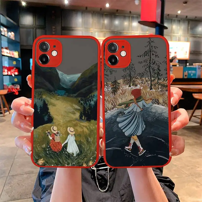 

Cartoon Hand Painted Scenery Girl Phone Case For iphone 12 11 Pro Mini Max XS X 8 7 Plus SE 2020 XR Matte Transparent Light red