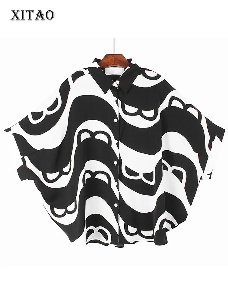 

XITAO Irregular Blouse Fashion Print Pattern Hit Color Chiffon Small Fresh Casual Style Loose 2022 Summer Minority Shirt WMD6906
