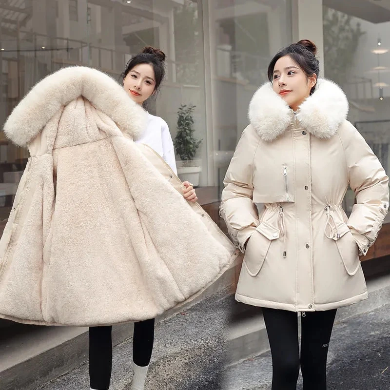 Winter Padded Women's Parka Fleece lining Big Fur Collar Slim Tether Splice Long Jackets Thick High Quality Casual Outwear Trend