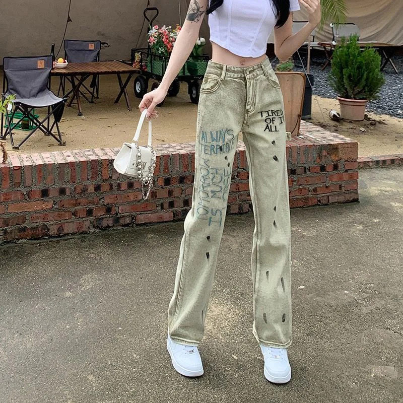 

Splash-ink Embroidery Letters Y2k Baggy Jeans Women America Style Streetwear Graffiti Trousers Vintage High Waist Wide Leg Pants