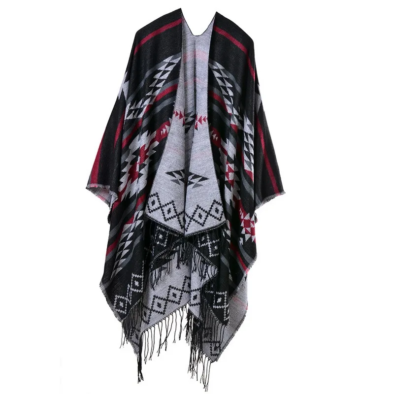 European American Popular Tassel Thickened Cashmere Like National Style Travel Fork Shawl Scarf in autumn Ponchos Capes P10