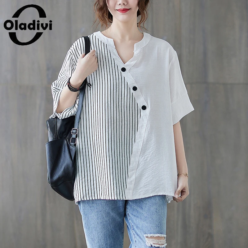 

Oladivi Korean Fashion Striped Blouses Women 2022 Summer New Big Sizes Clothing Casual Loose Shirts Top Tunic Blusas 8721 L-6XL