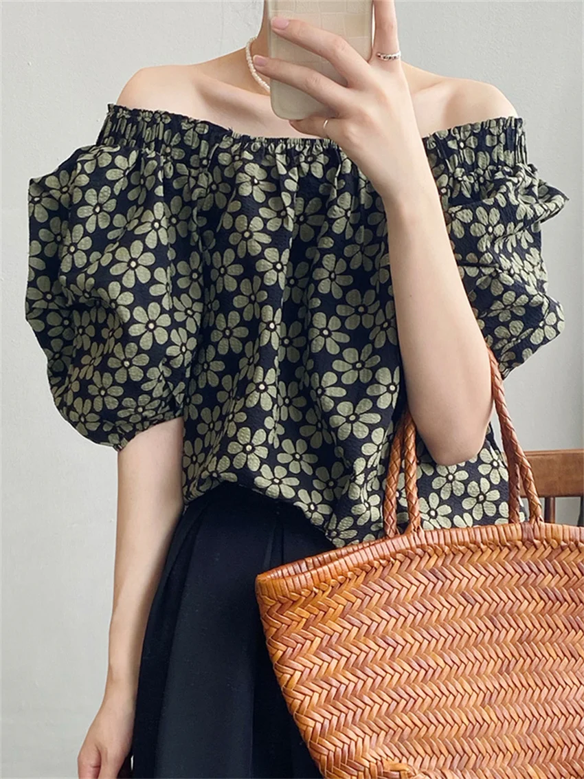 

HziriP M-L Florals Blouses Women Retro New Chic High Street 2022 Summer Short Sleeve Fashion Casual Office Lady Slim Printed