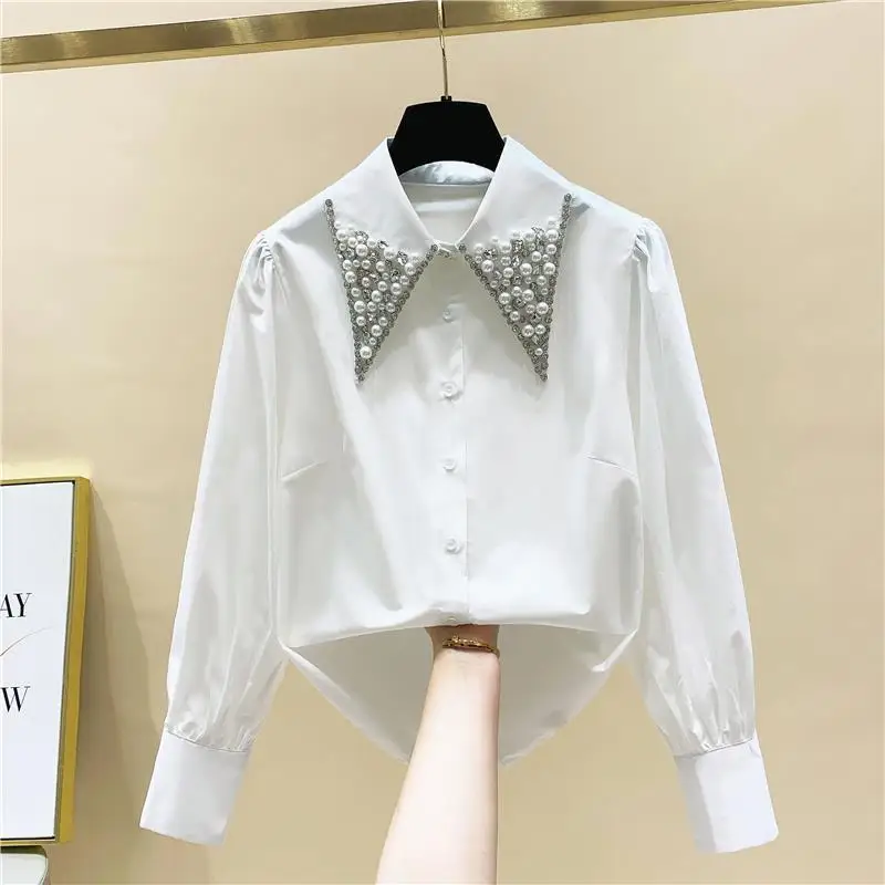 

Women Pearls Beaded Diamonds Doll Collar White Shirts Spring Fall Loose Vintage OL Blouses Single-breasted Cardigan Blusas Tops