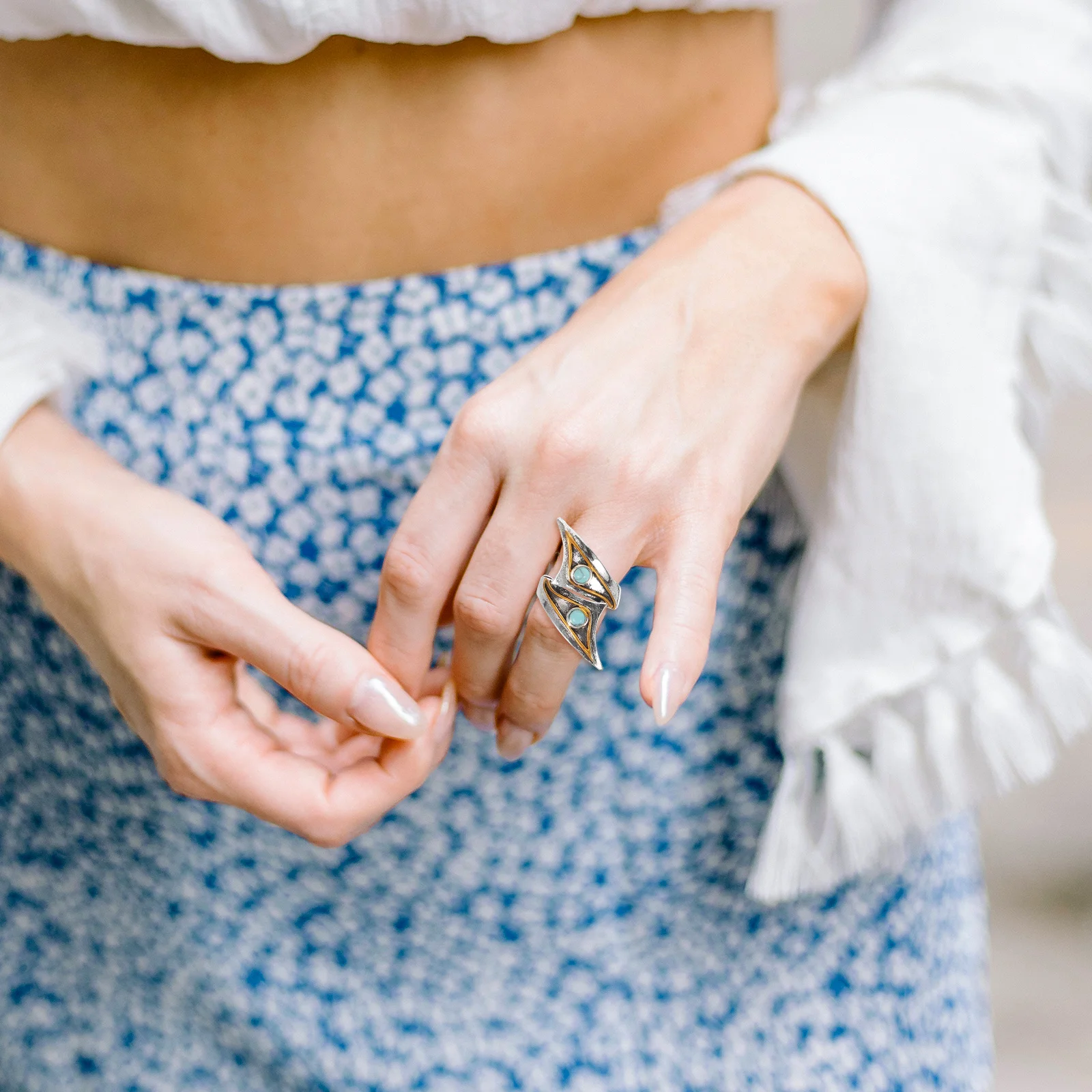 Открытое кольцо маленькое регулируемое в стиле ретро синее бирюзовое ювелирное