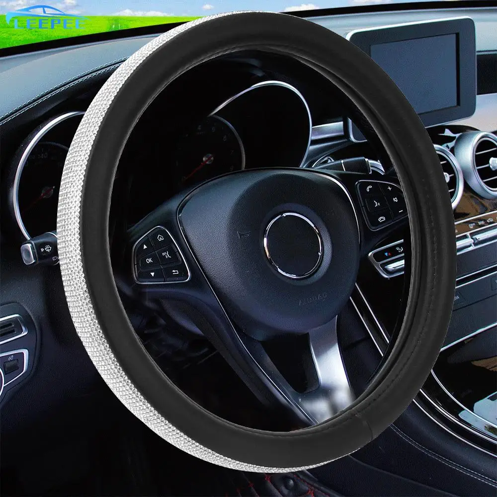 

Shiny Rhinestones Steering Wheel Cover for 37 to 38CM Anti-slip Car Steering Crystal Cover Auto Gear Cover PU Leather Universal