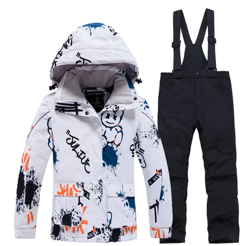 Детский зимний костюм, уличный водонепроницаемый ветрозащитный Теплый костюм, зимняя Лыжная куртка для сноуборда + брюки на бретелях для мальчиков и девочек