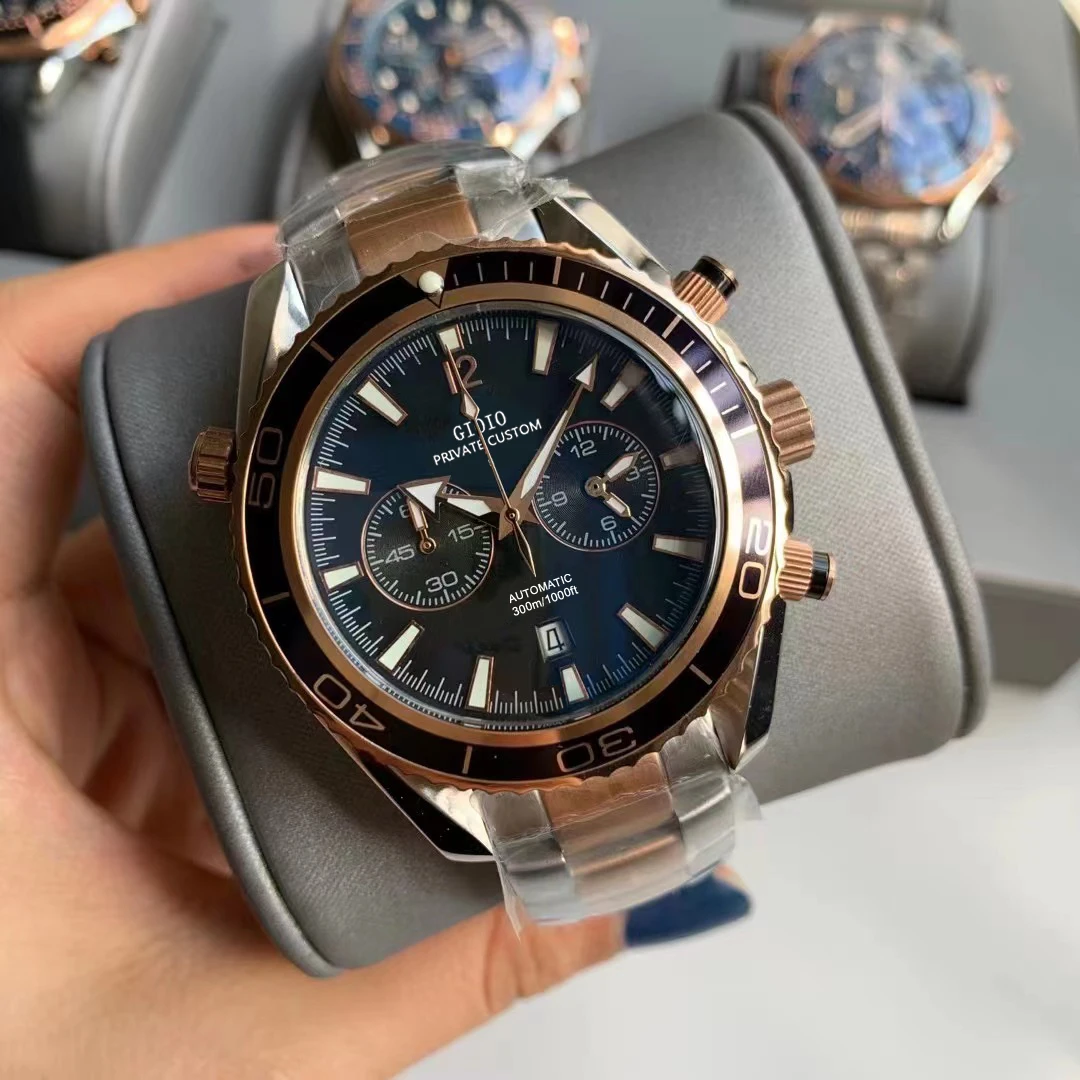 

Luxury Mens Quartz Chronograph Watch Black Blue Stainless Steel Luminous 007 Calendar Rose Gold