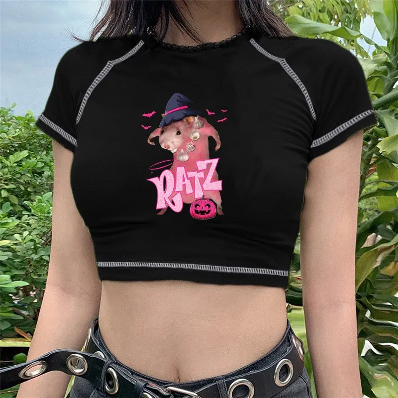 Y2K Женская одежда с розовой мышью футболка надписью топы облегающая летняя