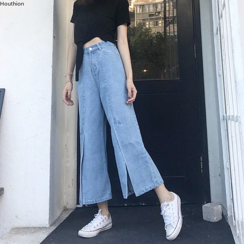 

Spring New Women's Jeans Korean Thin Wide Legs Loose Split Fork Buttons Denim Pants Female Clothing