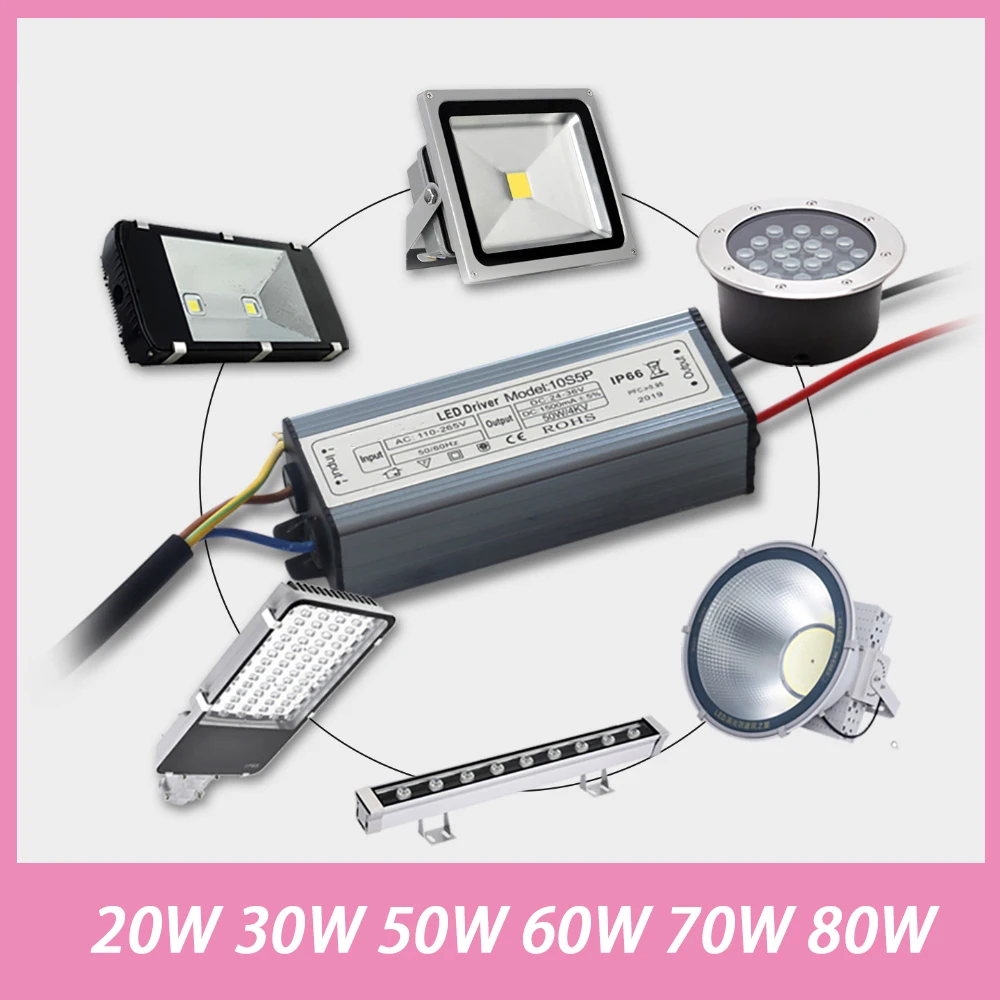 Фото 1 шт. 20W 30W 50W 60W 70W 80W 600mA-2400mA LED-драйвер, блок питания для уличных прожекторов, трансформатор, водонепроницаемый адаптер IP66 №1