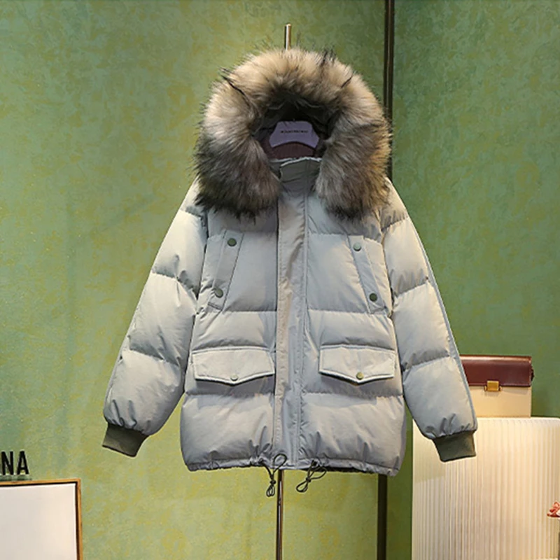 

2023 Winter Women's Down Jackets Big Fur Collar Warm Snow Coat Cotton Padded Parka Hooded Female Puffer Jacket Loose Overcoat