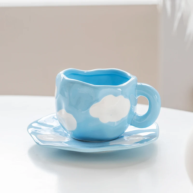 

Creative Hand Painted Cloud Coffee Cup and Saucer Underglaze Ceramic Flower Tulip Tea Cup Set Kitchen Tableware Unique Gift Idea