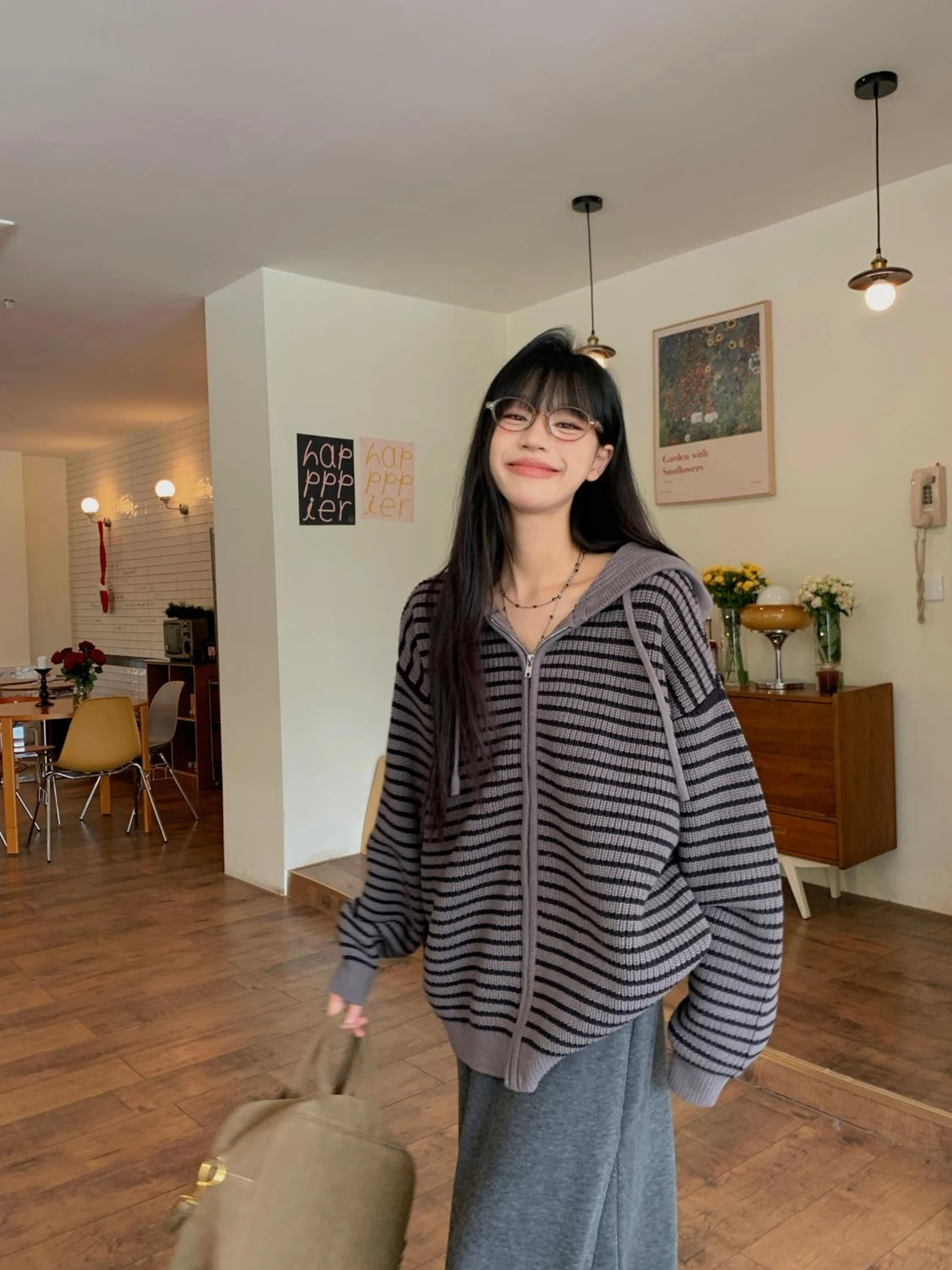 Korean Series Idle Sle Hood Long sleeve Striped sweater Outerwear 2024 Winter New Loose Casual All-matching Top Women