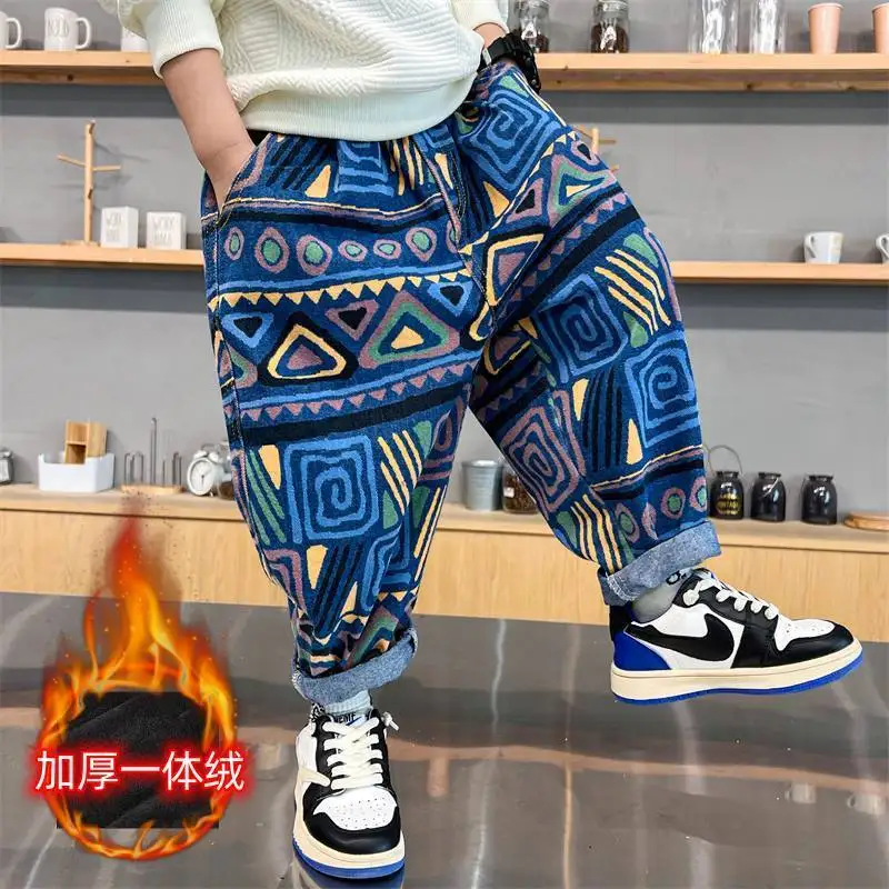 Boys' Pants Spring and Autumn Fleece Thick Jeans 2022 New Boyish Look Autumn Clothes for Children