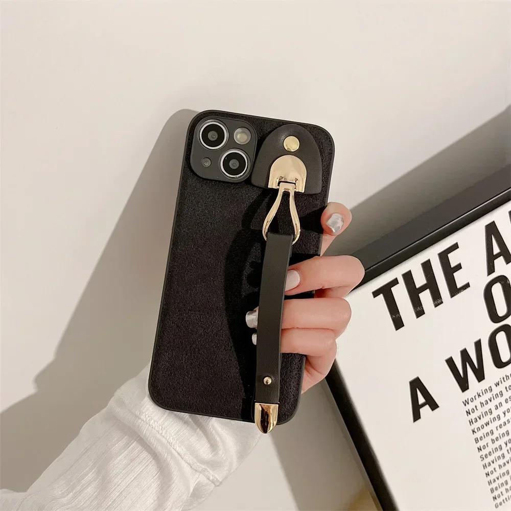 

Luxury Leather Wrist Strap Case For iPhone 14 13 12 11 15 Pro Max New Sponges Textured Camera Protection Shockproof Back Cover