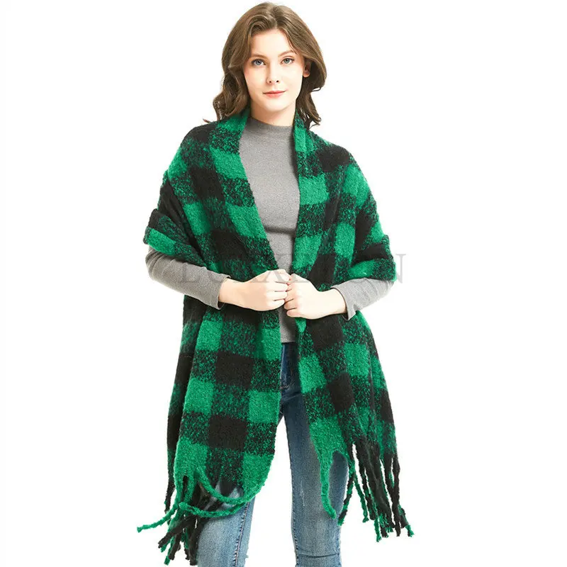 

New Designer Women Winter Plaid Poncho Square Pashmina Bandana Cashmere Thicken Blanket Knitted Warm Soft Shawls and Wraps