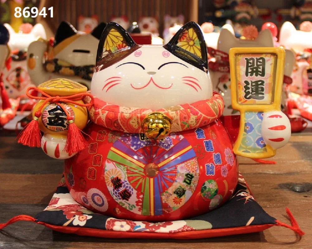 

Ceramic Lucky Cat Prosperous Red Piggy Bank Luck Safe Shop Opening Gift