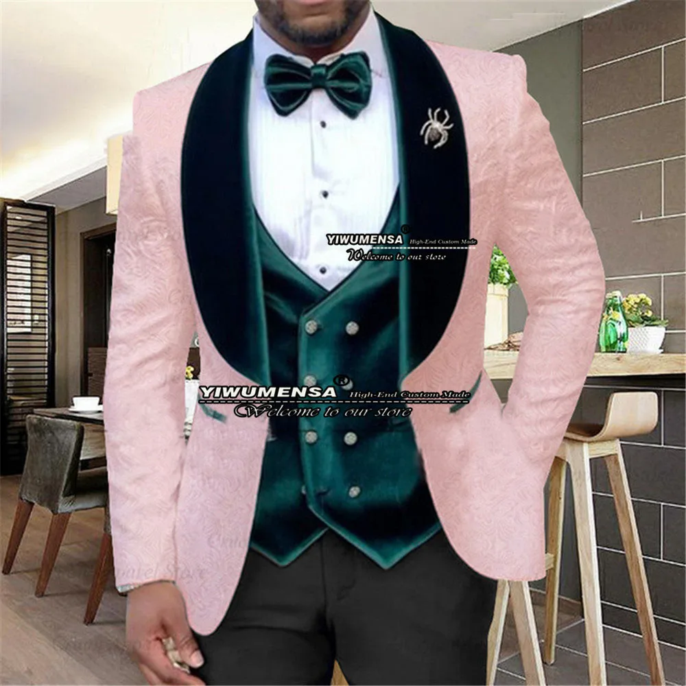 

Formal Suits Men For Wedding Slim Fit Pink Jacquard Jacket+Vest+Pants 3 Pieces Trajes Hombre Elegantes Evening Party Prom Dress