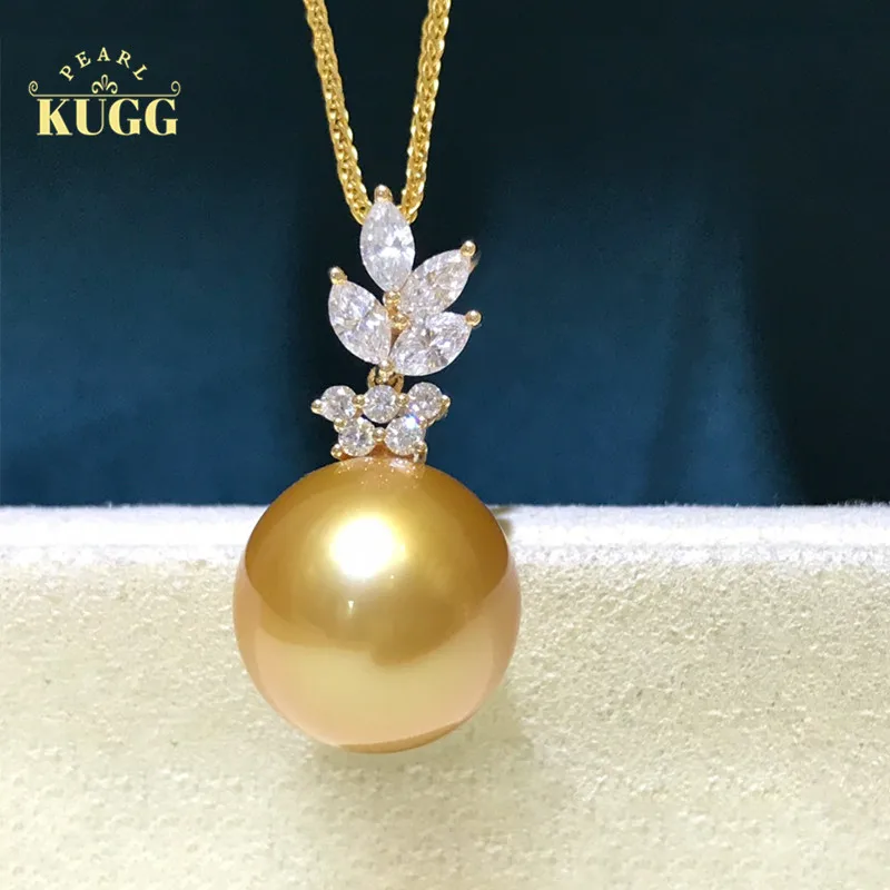 

KUGG PEARL 18K Yellow Gold Pendant 14-15mm Natural South Sea Gold Pearl Necklace for Women Engagement Party