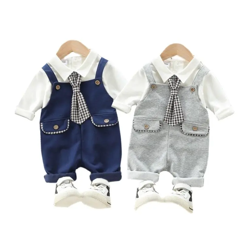 

Children's clothing baby Boy/Girls clothes Pure Cotton Long Sleeve Top + Tie+ overalls casual sports baby suit 2Pcs Outfit