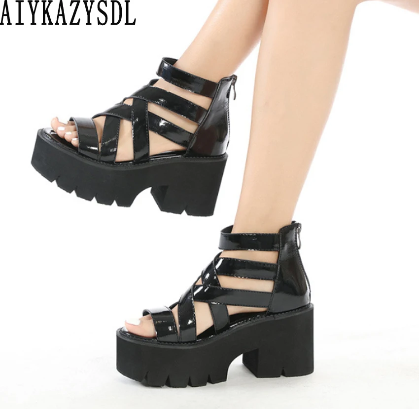 

AIYKAZYSDL Patent Leather Thick Sole Platform Wedge Heel Shoes Creepers Women Caged Hollow Cut Out Gladiator Rome Punk Sandals