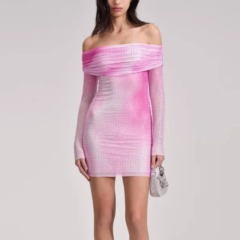 

Latest 2023 Summer Sexy Style Pink Sequins Chest Wrapping Slash Neck Shiny Dress for Fashion Women