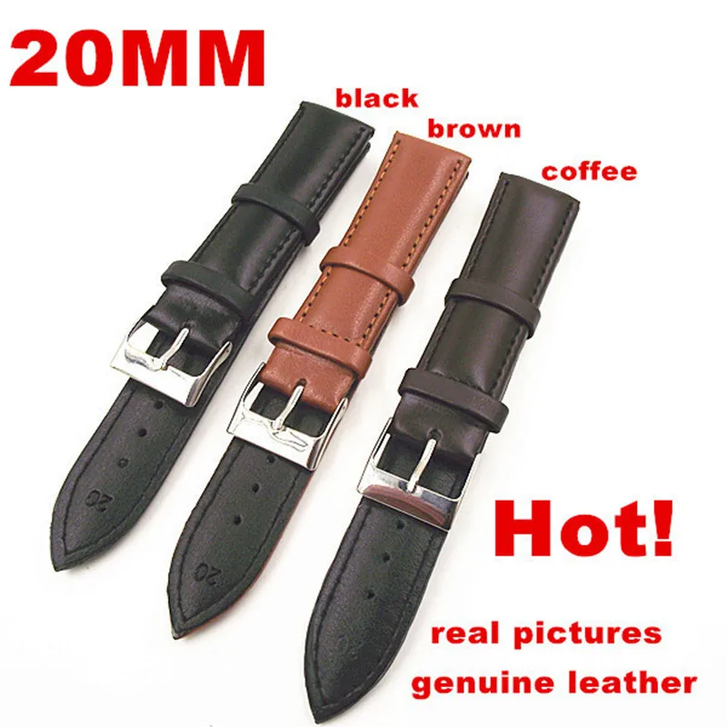 Wholesale High Quality 50PCS/Lot 20MM Genuine Leather Watch Band Watch Strap Watch Parts-Black ,Brown,Coffee Color-0201108