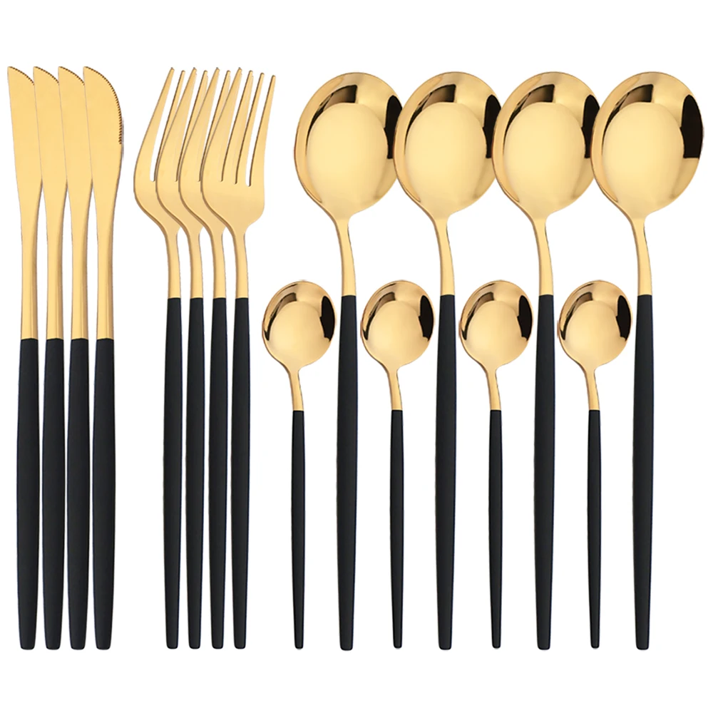 

16Pcs Tableware Dinnerware Set Black Gold Cutlery Set Stainless Steel Fork Knife Teaspoon Dinner Silverware Kitchen Flatware Set