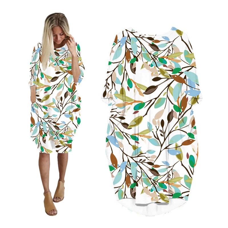 

Рождественские платья для женщин, модная женская одежда с длинным рукавом в Корейском стиле, Летняя женская одежда больших размеров, женское платье средней длины с растениями