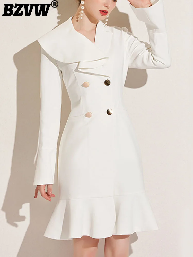 

BZVW Temperament Celebrity Ruffle Blazer Dresses Women 2023 Spring Autumn Fashion Office Lady Mid-length Dress Female 25X2515