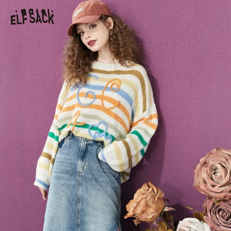 ELFSACK Colourful Striped Pullover Knitwears Women 2023 Spring Long Sleeve Loose Basic Tops