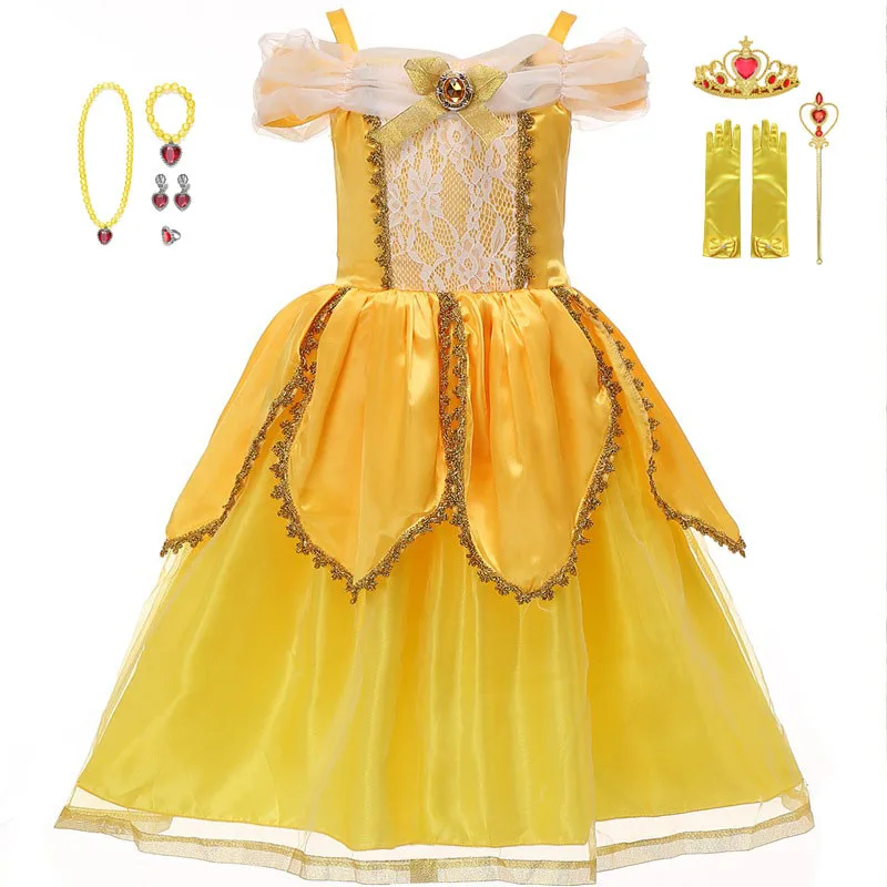 

Princess Belle Dress Girls Dresses Girl Kids Floral Ball Gown Child Cosplay Bella Beauty and The Beast Costume Fancy Party Dress