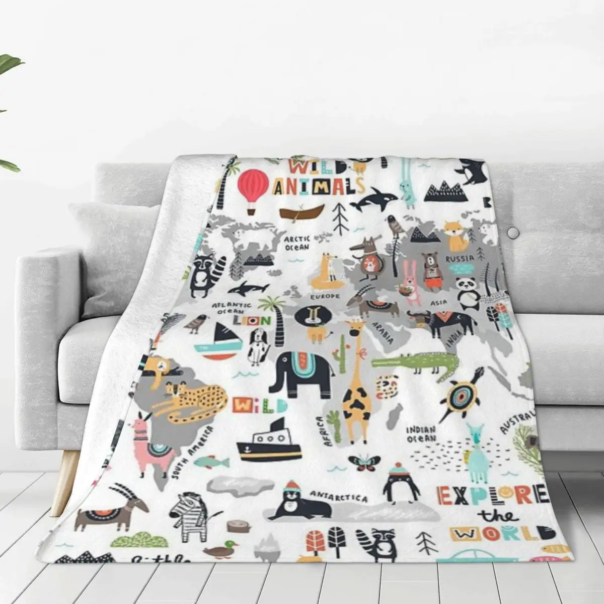 Серые Одеяла с животными дорожные животные Карта мира теплые фланцевые одеяла