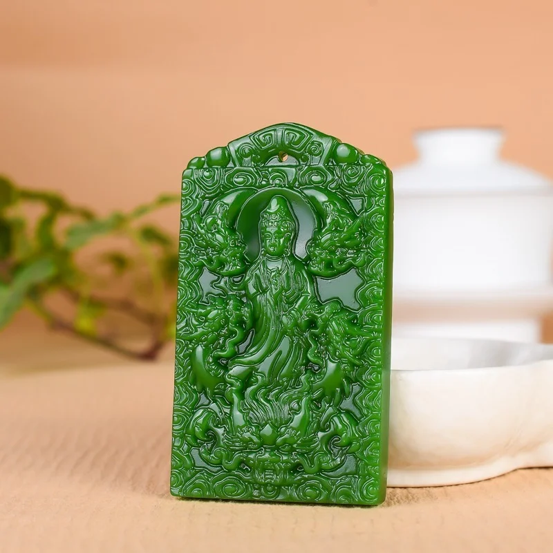 

Natural Green Jade Dragon Guanyin Pendant Necklace Chinese Fashion Jewelry Double-sided Carved Charm Amulet Gifts for Men Women