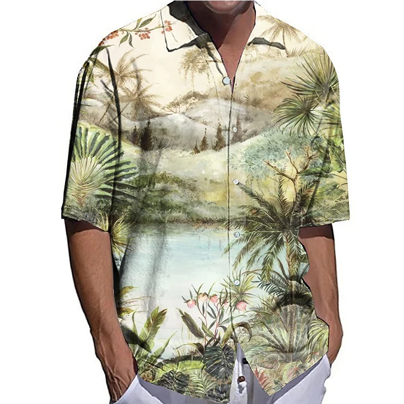 

Fashion Men Shirts Oversized Casual Shirt Landscape Print Half Sleeve Tops Mens Clothes Hawaiian Party Cardigan Blouses High-End