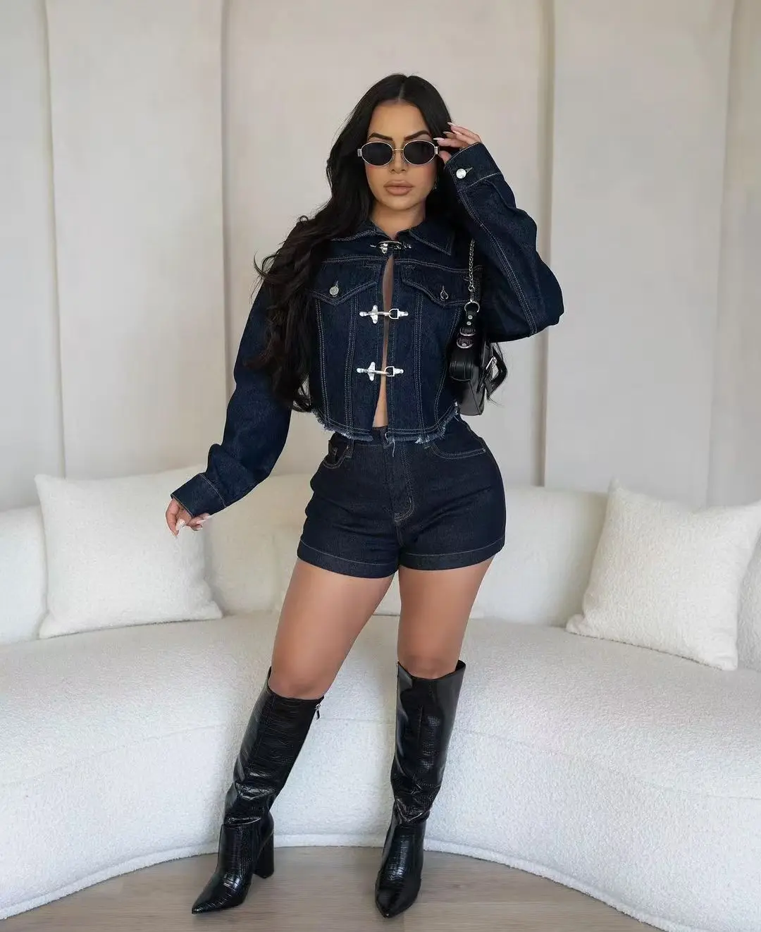 Женская куртка осенне-зимний эластичный джинсовый комплект из 2 предметов