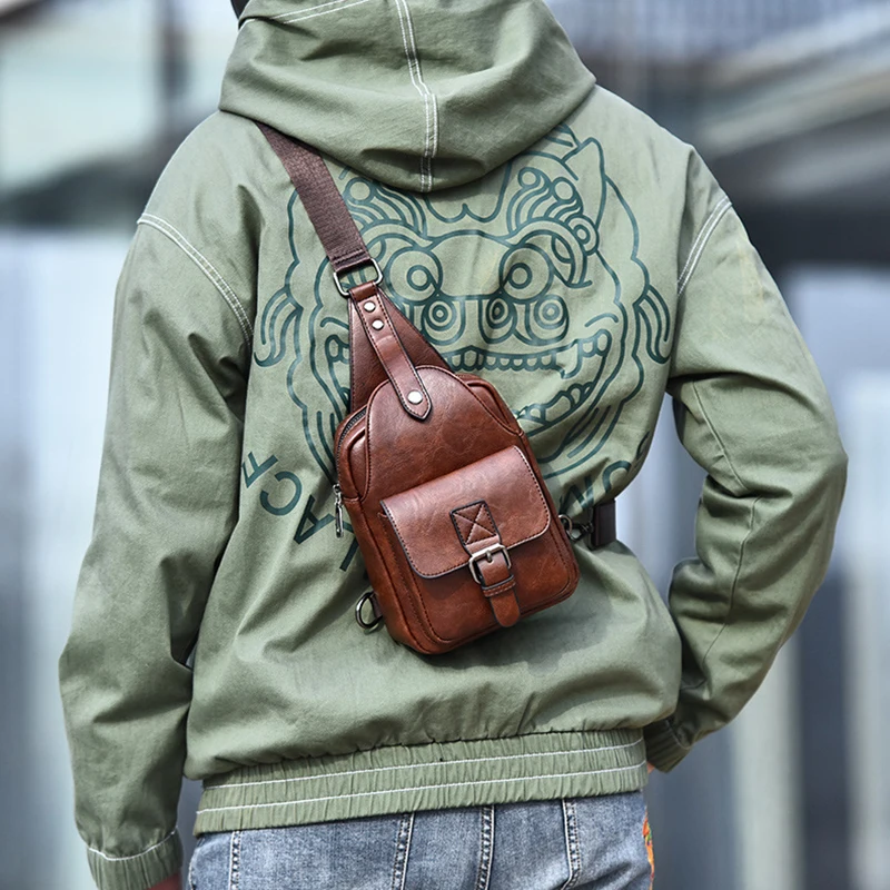 Mini Men'S Chest Bag Wallet Leather Fashion Bolsas Small Chest Pack Cross Shoulder Messenger Crossbody Side Bag Male Husband