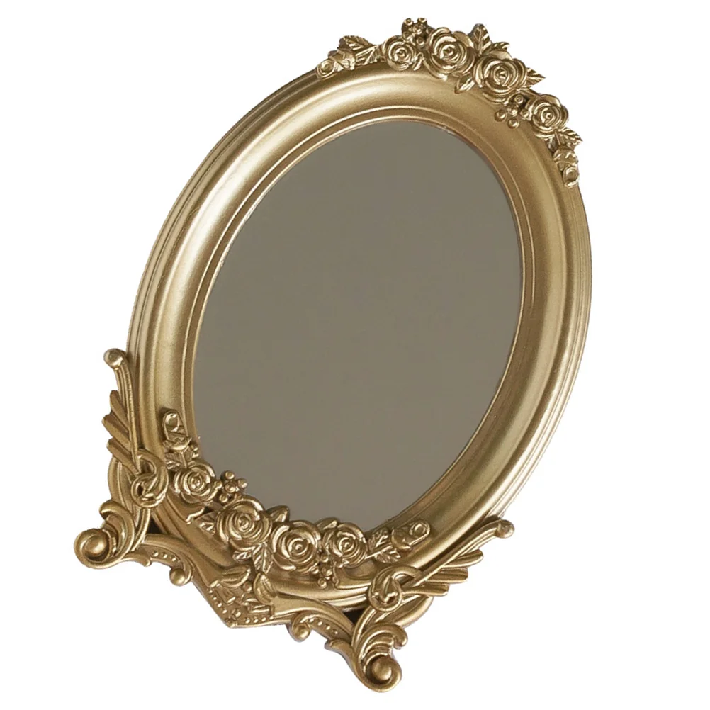 

Mirror Vintage Decorative Tray Stand Desk Makeup Vanity Gold Desktop Mirrors Tabletop Oval Countertop Wall Tables Storage Frame