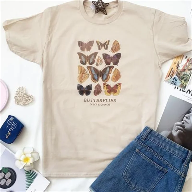 Футболка Y2k с бабочками в моем животе блузки аниме 90-х белый топ коротким рукавом