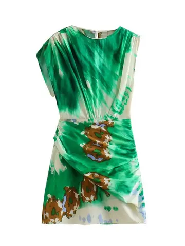 Summer Women Printed Short Dress 2023 New Round Neck A-Line Pleated Decoration Sheath Vintage Asymmetric Sleeves Mini Dress
