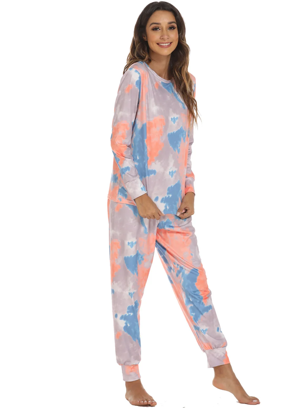 Fashion Tie Dye Pajamas Set Women Two Piece Pullover T-shirt and Pants Sleepwear Casual Loose Female Homewear Clothing Lady Suit