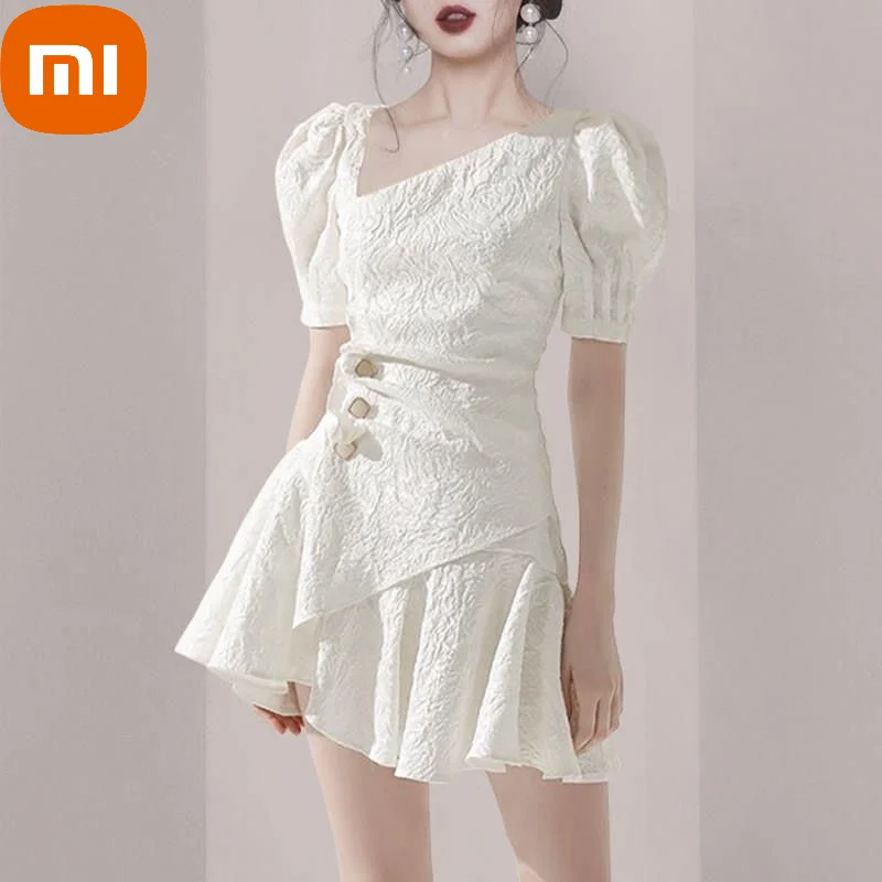 

XIAOMI Elegant Party Mini Dresses Women Summer Slim Vintage Casual One-piece Dress Puff Sleeve Office Fashion Dress Ladies