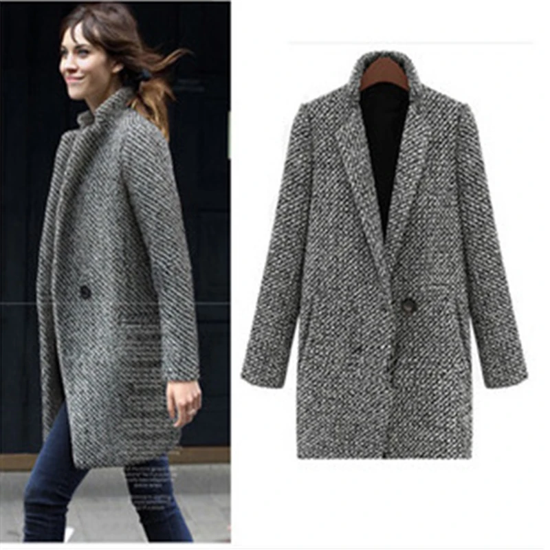 Autumn Winter Women Coat Single Button Pocket Long Trench Coat Houndstooth Wool Blend Coat Outerwear Female Wool Coat