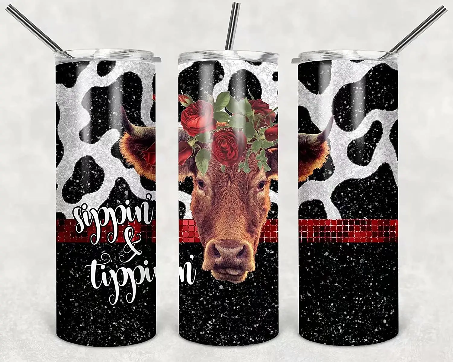 

Sippin And Tippin Cow Skinny Tumbler Mug Vacuum Insulated Straight Travel Mug Milk Heifer Straight Coffee Cup with Lids Straws,3