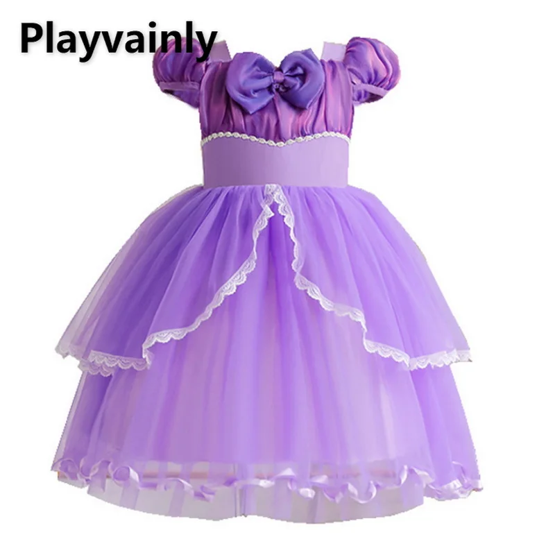 

2022 Summer Cosplay Dress Baby Girls Puff Sleeves Mesh Purple Patchwork Bow Square Collar Princess Dresses Child Clothes E0740