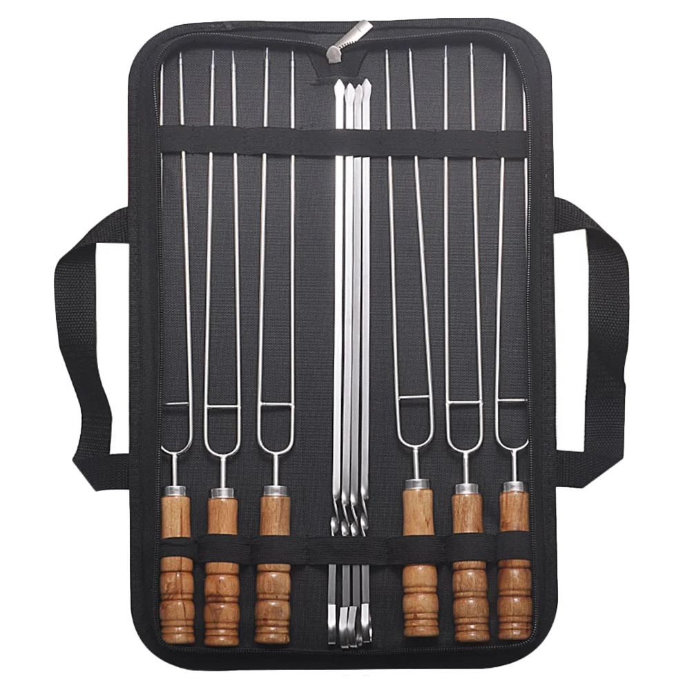 

10Pcs Stainless Steel Skewers with Storage Bag Wood Handle Barbecue Sticks