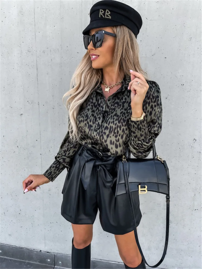 Модный атласный Шелковый топ с леопардовым принтом и высоким воротником