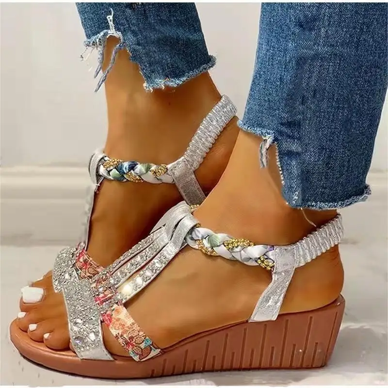 Women Wedge Sandals Summer 2022 New Bohemia Casual High Heels Sandals Fashion Female Peep Toe Rhinestones Outdoor Beach Shoes